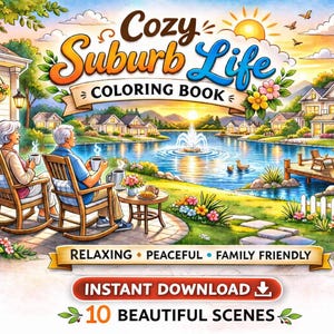 Peut inclure: Illustration colorée pour un livre de coloriage intitulé "Cozy Suburb Life Coloring Book". L'image représente une scène suburbaine sereine avec un lac, des maisons et un couple se relaxant sur des chaises à bascule. Le texte comprend "Relaxing, Peaceful, Family Friendly" et "Instant Download".
