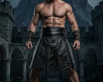 Men's Real Leather Gladiator Kilt – Handmade Gothic Warrior Skirt, Festival Clubwear, LARP Costume