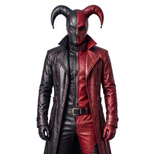 May include: A full-body costume featuring a split black and red leather trench coat, matching trousers, and gloves. The head is covered by a mask with two large, curved horns, also divided into black and red sections, creating a symmetrical look.