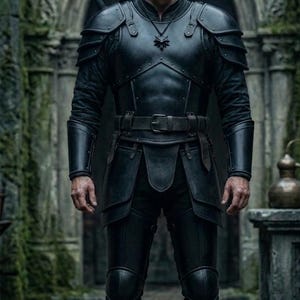 May include: A person in black leather armour, including shoulder pads, a belt, and knee pads, with two swords on their back. They stand before an arched stone doorway. The armour features a star-shaped pendant.