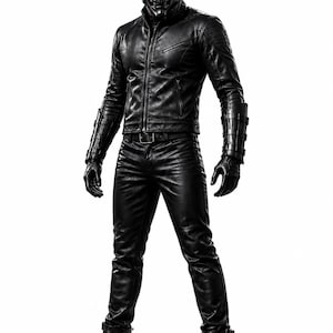 Può includere: Una giacca in pelle nera, pantaloni in pelle nera abbinati, guanti neri e stivali neri. L'abbigliamento è completato da una maschera nera con corna, mento appuntito e tratti del viso marcati, creando un insieme scuro e monocromatico.