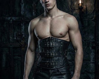Men's Real Black Corset Leather Heavy-Duty Steel-Boned , Heavy-Duty Buckle Waist Cincher, Gothic Vest