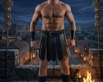 Falda escocesa de gladiador de cuero negro para hombre – Disfraz de guerrero romano con brazaletes para clubes de rol en vivo (LARP)