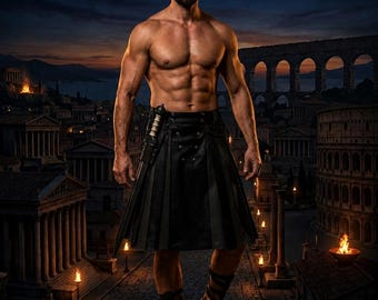 Men's Black Leather Roman Kilt: Pleated Utility, Gothic Punk, Red Cosplay Gladiator-Style Kilts/Skirts