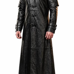 Herren Schwarz Echtleder Langer Gothic Trenchcoat - Schnallenriemen Alternative Mode Oberbekleidung