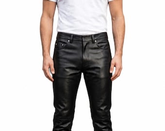Men’s Real Cowhide Leather Pants, Slim Fit Trousers, Stylish Streetwear Biker Jeans Pant