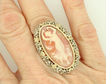 Antique 18K yellow gold and silver hand carved cameo ring. Size 6.5