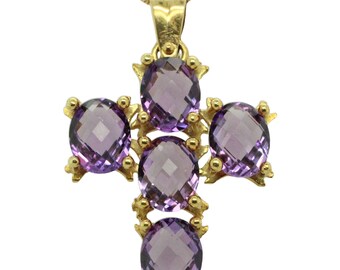 Amethyst and 18K yellow gold cross pendant with chain.