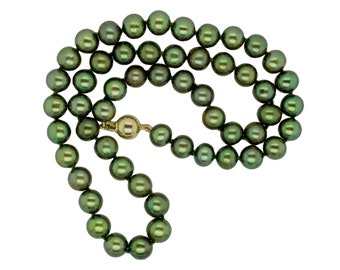 Green (dyed/treated) freshwater pearl necklace with 14K yellow gold ball clasp, 17 inches