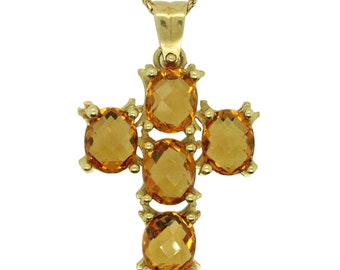 Citrine and 18K yellow gold cross pendant with chain.