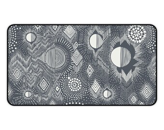 Sacred Geometry Desk Mat | Mandala Mouse Pad, Monochrome Sunburst Pattern, Charcoal Ivory Workspace Mat