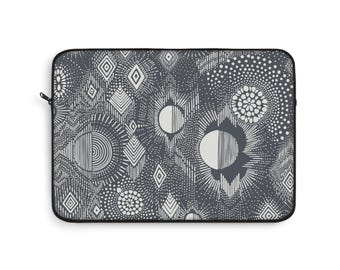 Sacred Geometry Tribal Laptop Sleeve | Monochrome Lunar Mandala Pattern | Minimalist Spiritual MacBook & Laptop Case