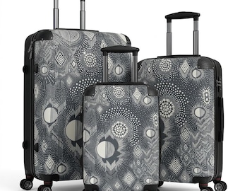 Sacred Geometry Suitcase | Charcoal Ivory Luggage Set, Designer Travel Case, Carry-On, Medium & Large Spinner