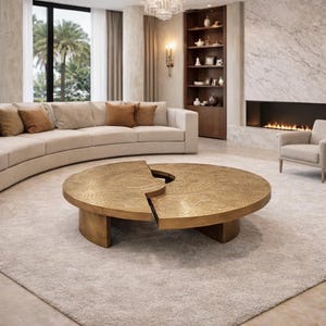 Pode incluir: Uma grande mesa de centro redonda dourada com um design dividido único. A mesa tem uma superfície texturizada e assenta numa base baixa e retangular. A sala apresenta um sofá bege curvo, uma lareira e um tapete em tons neutros.