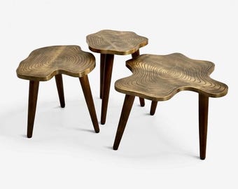Set van 3 bijzettafels voor boomstam | Organische nesttafels | Sculpturale bijzettafels | Handgemaakt sculpturaal meubilair