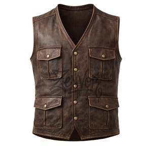 May include: A brown leather vest with a V-neck and four front pockets with button closures. The vest has a button-up front and a distressed finish, giving it a vintage look. The vest is sleeveless.