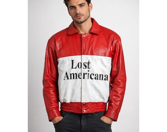 Rot-weiße Leder-Bikerjacke für Herren | verloren americana mgk inspirierte Oberbekleidung
