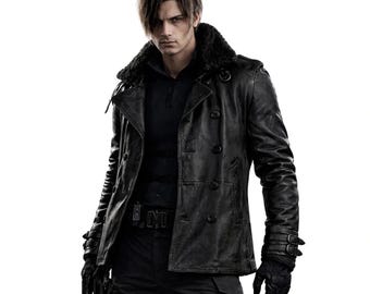 Men’s black leather jacket re9 style | inspired leon kennedy cosplay jacket