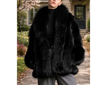 Echte Fuchs Pelzjacke für Frauen | natürlicher schwarzer Luxuspelzmantel | handgefertigte Winter Oberbekleidung