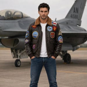 Chaqueta de aviador vintage marrón para hombre / chaqueta de piloto con cuello de piel