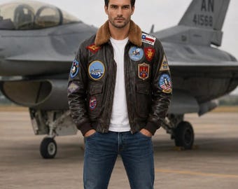 Braune Vintage Fliegerfluglederjacke für Herren | Pelzkragen Pilotenjacke