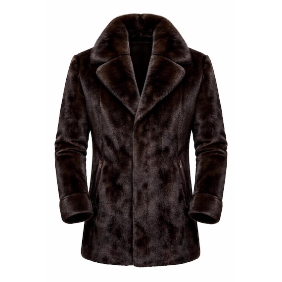 Men’s natural real mink fur coat, elegant brown luxury winter overcoat