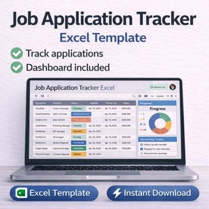 Peut inclure: Un ordinateur portable affiche un modèle Excel de suivi des candidatures. L'écran montre un tableau avec des informations sur l'entreprise, le poste, le statut et le salaire. L'image comprend le texte "Suivre les candidatures" et "Tableau de bord inclus". Boutons "Modèle Excel" et "Téléchargement instantané".