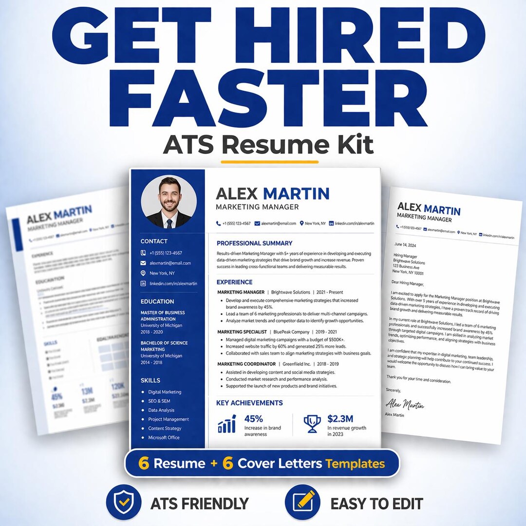 Resume Template Bundle, ATS Resume + Cover Letter Template, Editable ...