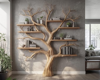Estantería artesanal de ramas de árbol - Estantes flotantes de madera natural - Decoración artística de pared
