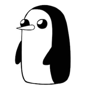 Può includere: Un'illustrazione grafica in bianco e nero di un pinguino stilizzato. Il pinguino ha un corpo arrotondato, faccia e petto bianchi, grandi occhi circolari e un piccolo becco appuntito. La schiena e i lati del pinguino sono di colore nero.