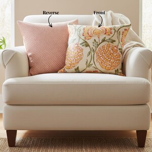 Reversible Designer Pillow Cover 16x16 – Stout Floral & Greenhouse Hues Orange Checkered Past