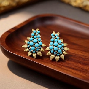 Orecchini vintage con foglia turchese, placcati oro 22 carati S925, gioielli pendenti boho