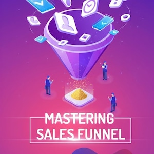 Könnte beinhalten: Eine digitale Illustration eines violetten Verkaufstrichters mit Symbolen und kleinen Figuren. Der Text "MASTERING SALES FUNNEL" wird in einem weißen Rechteck angezeigt. Der Hintergrund verläuft von Rosa zu Lila.