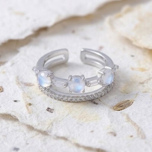 Silver Blue Moonstone Stacked Ring in High-Polish Silver Finish, Adjustable Moonstone & Baguette Crystal Band, Ethereal Celestial Jewelry