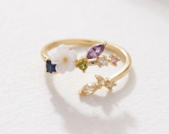 Rose Gold Wildflower Garden Adjustable Ring in 18K Rose Gold Finish, Mother of Pearl Blossom Multi-Gemstone Ring, Fairycore Aesthetic Jewel