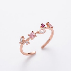 Dainty Pink Crystal Vine Ring, Rose Gold Botanical Branch Band, Multi Gemstone Leaf Ring, Nature Gift for Girlfriend