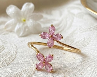 Pink Marquise Flower Ring, Gold Double Blossom Wrap Band, Dainty Jasmine Bypass Ring, Fairycore Jewelry Gift for Her