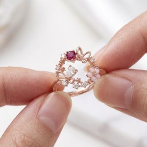 Rose Gold Butterfly Wreath Ring, Dainty Floral Garden Band, Ruby Red Gemstone Ring, Whimsical Botanical Jewelry, Nature Lover Gift for Her