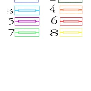 May include: An image featuring eight numbered rectangles, each containing a horizontal bar with arrows at both ends. The rectangles are in various colors: blue, green, light blue, orange, purple, red, light green, and yellow. The numbers 1 through 8 are on the left side.