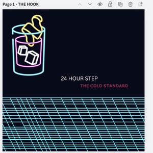 May include: A neon-style graphic of a cocktail in a glass with ice cubes and a garnish, set against a dark blue background. Text reads "24 HOUR STEP" and "THE COLD STANDARD". A grid pattern is at the bottom.