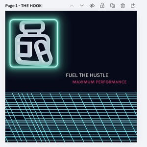 May include: A digital graphic with a neon green outline of a supplement bottle and a capsule. The text "FUEL THE HUSTLE" is above "MAXIMUM PERFORMANCE" in pink. A grid of blue lines is at the bottom.