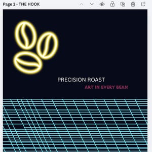 May include: A digital graphic with a dark blue background. Three neon yellow coffee beans are in the upper left corner. The text "PRECISION ROAST" is in white, and "ART IN EVERY BEAN" is in pink. A blue grid pattern is at the bottom.