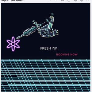 Peut inclure: Illustration de style néon avec une machine à tatouer, une fleur violette, les mots "FRESH INK" et "BOOKING NOW" sur fond bleu foncé. En dessous, un quadrillage de lignes bleues.