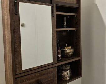 Wood Medicine Cabinet with Sliding Mirror | Vintage Bathroom Storage & Vanity Organizer