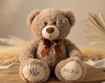 Personalisierter Teddybär 54 cm hellbraun mit Name & Wunschdatum – Kuscheltier zur Geburt – Geschenk für Baby – großer Teddy personalisiert