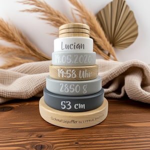 Peut inclure: Un jouet d'empilage en bois avec le nom "Lucian" et les détails de naissance. Le jouet comprend la date, l'heure, le poids et la taille du bébé. La base du jouet porte l'inscription "Schmatzepuffer by LITTLE DUTCH".