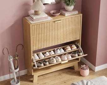 Modern Fluted Wood Shoe Cabinet | Slim Entryway Storage Organizer, Oak Finish