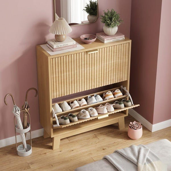 Modern Fluted Wood Shoe Cabinet | Slim Entryway Storage Organizer, Oak Finish