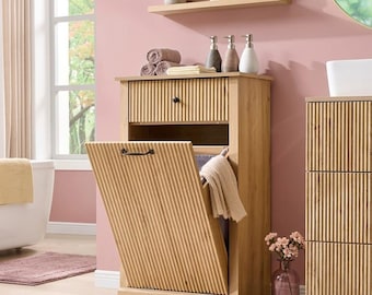 Modern Fluted Wood Tilt-Out Laundry Hamper Cabinet With Storage Drawer | Slim Freestanding Organizer | Natural Oak
