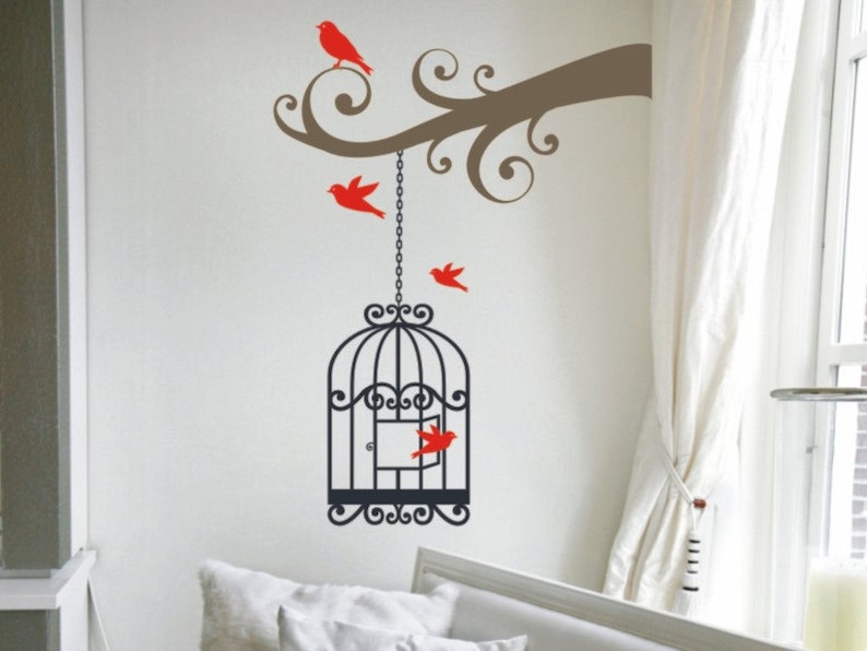 Vinyl Decal Scrollwork Tree Branch with Birdcage Wall Sticker